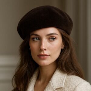 Jacques Ferber Beret Hat Dark Brown Faux Fur Lined Winter Warm